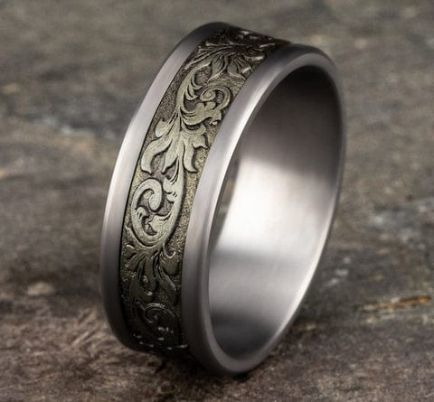 Benchmark Men's Wedding Bands 10 Men's Wedding Band, Grey Tantalum and Bronze Vintage Script Pattern